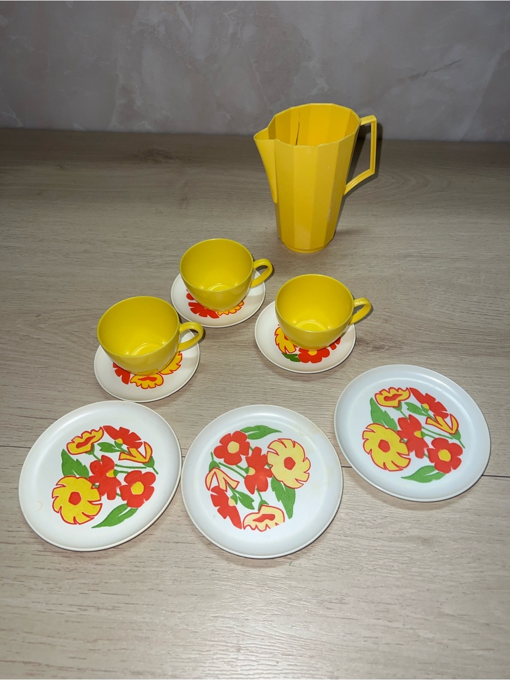 Vintage 70s Plastic Toy Tea Set Yellow Floral Cups Plates Pitcher Retro Kids